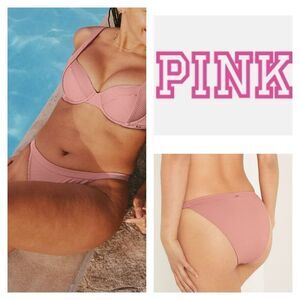 Pink Ribbed High Waist High Cut Leg Bikini Bottoms
